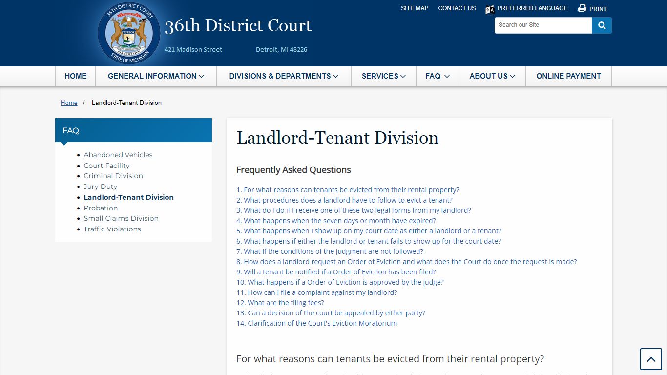 Landlord-Tenant Division - 36th District Court